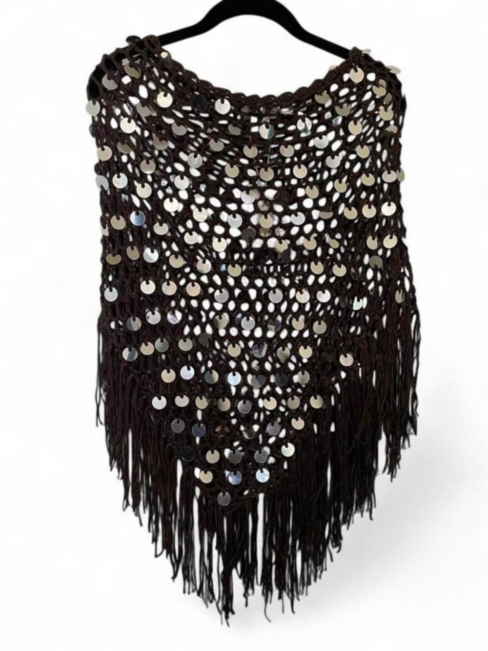Chocolate Brown with silver sequin crochet knit poncho with fringe Large New